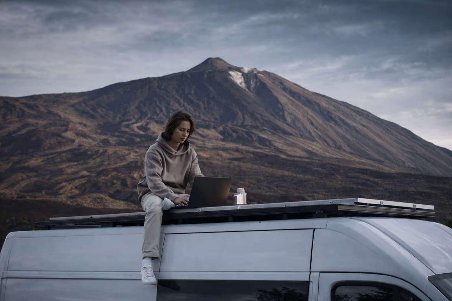 Remote working setup inside a campervan