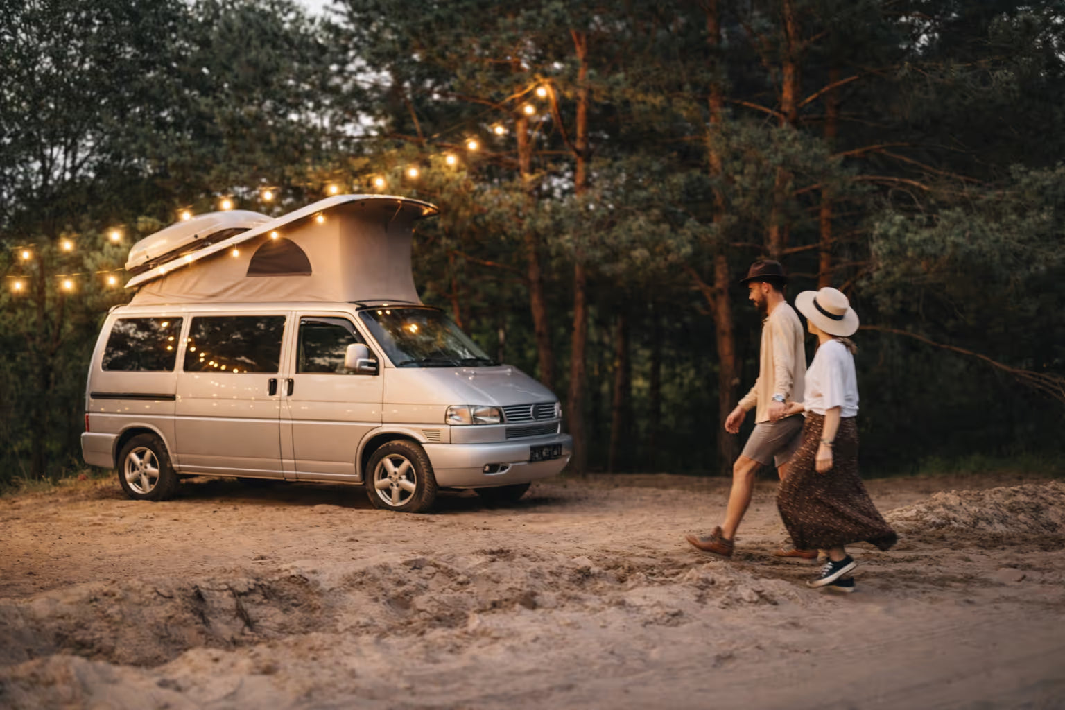 Campervan parked off-grid at sunset